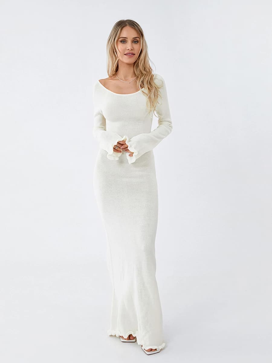Robe moulante tricotée pour femmes, manches longues, cravate, dos nu, col rond, couleur unie, garnit