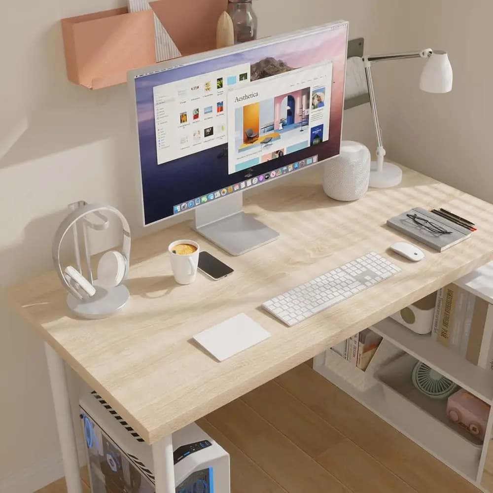 Bureau d'ordinateur en forme de L, bureau à domicile de 47 pouces avec tiroirs et étagères de rangem