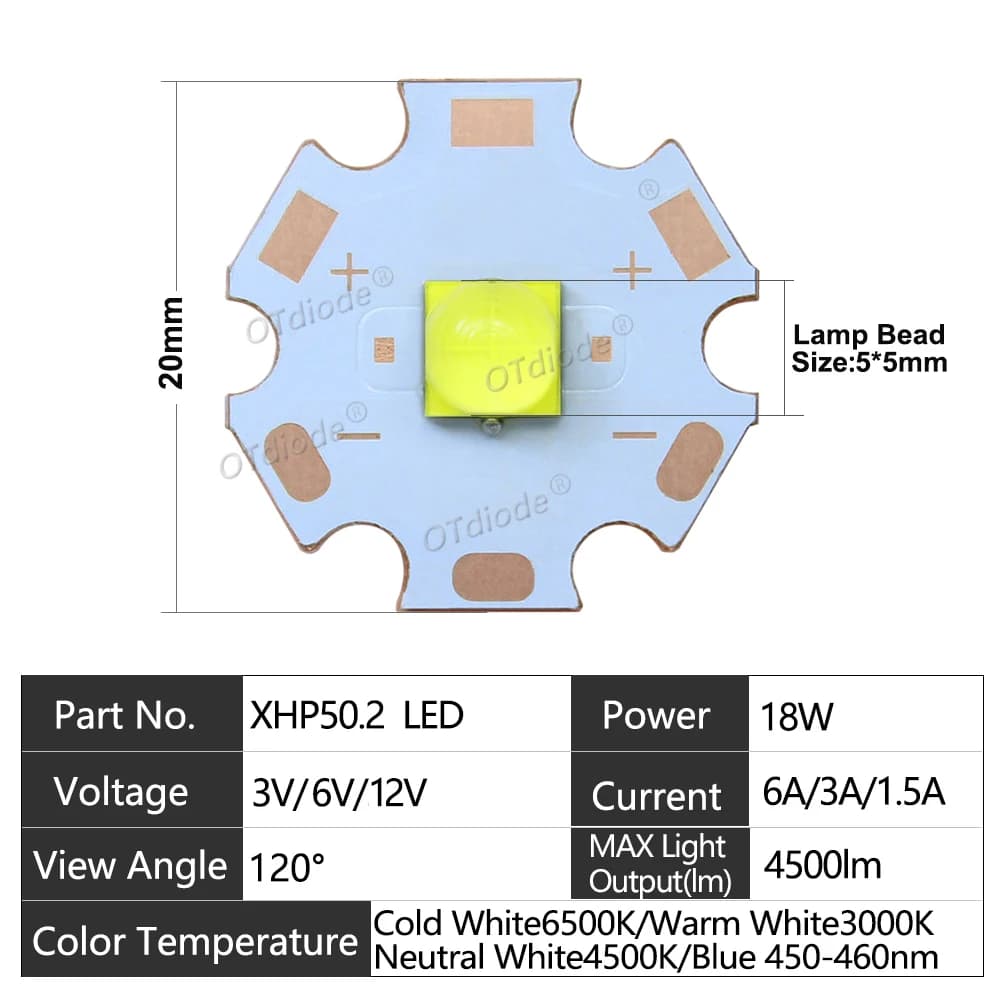 DC3V/6V/12V LED 20W XHP50 XHP50.2 deuxième génération 5050 SMD COB Diode perles blanc neutre froid 6