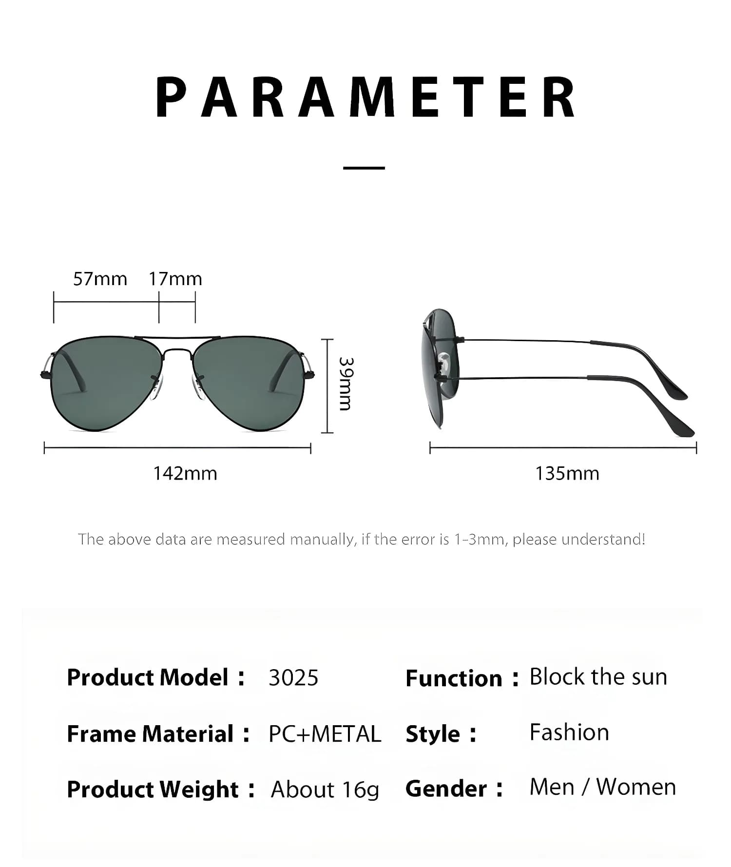 Lunettes de soleil aviateur polarisées ultra-légères 3025 pour hommes et femmes, monture métallique,
