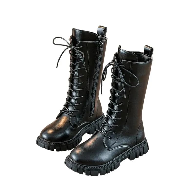 Bottes mi-mollet en cuir blanc à lacets pour filles, avec fermeture éclair latérale, semelle souple,