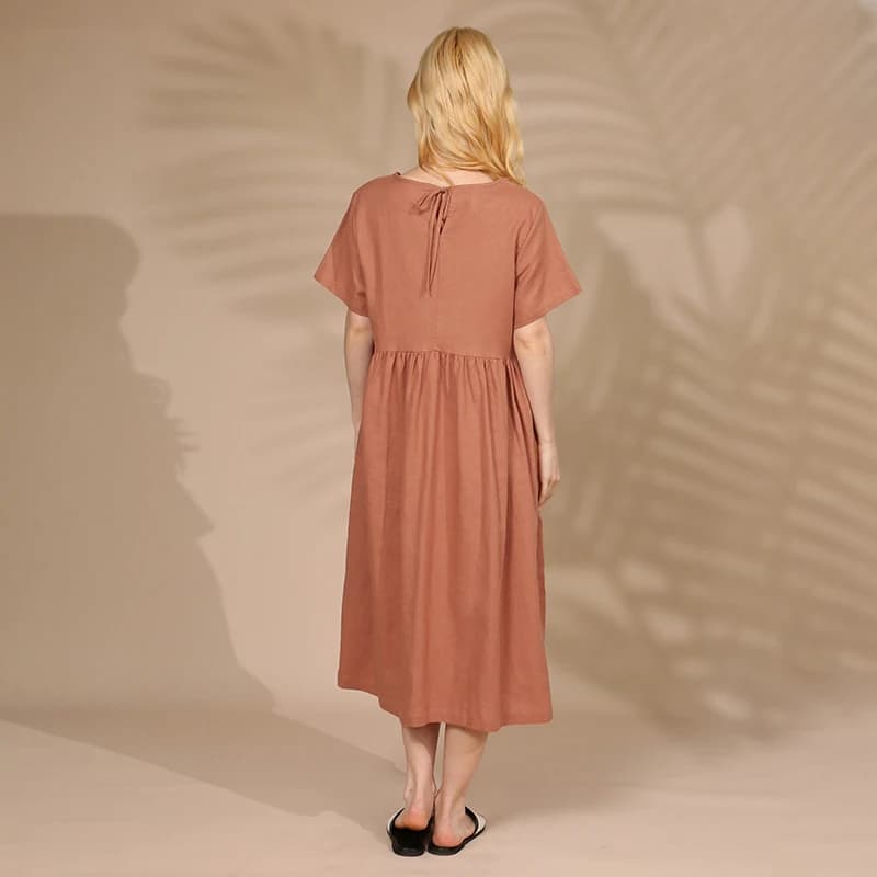 Robe d'été en coton et lin pour femme, vintage, manches courtes, décontractée, dos bandage, Harajuku
