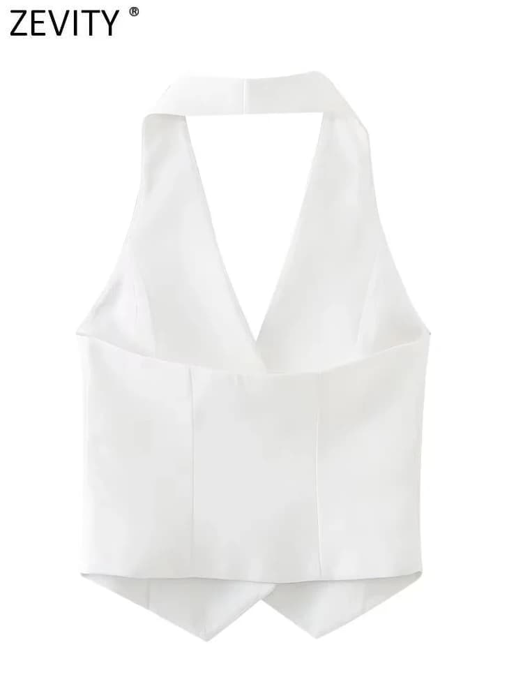 Zevity femmes mode simple boutonnage fleur conception blanc licou gilet veste bureau dames sans manc