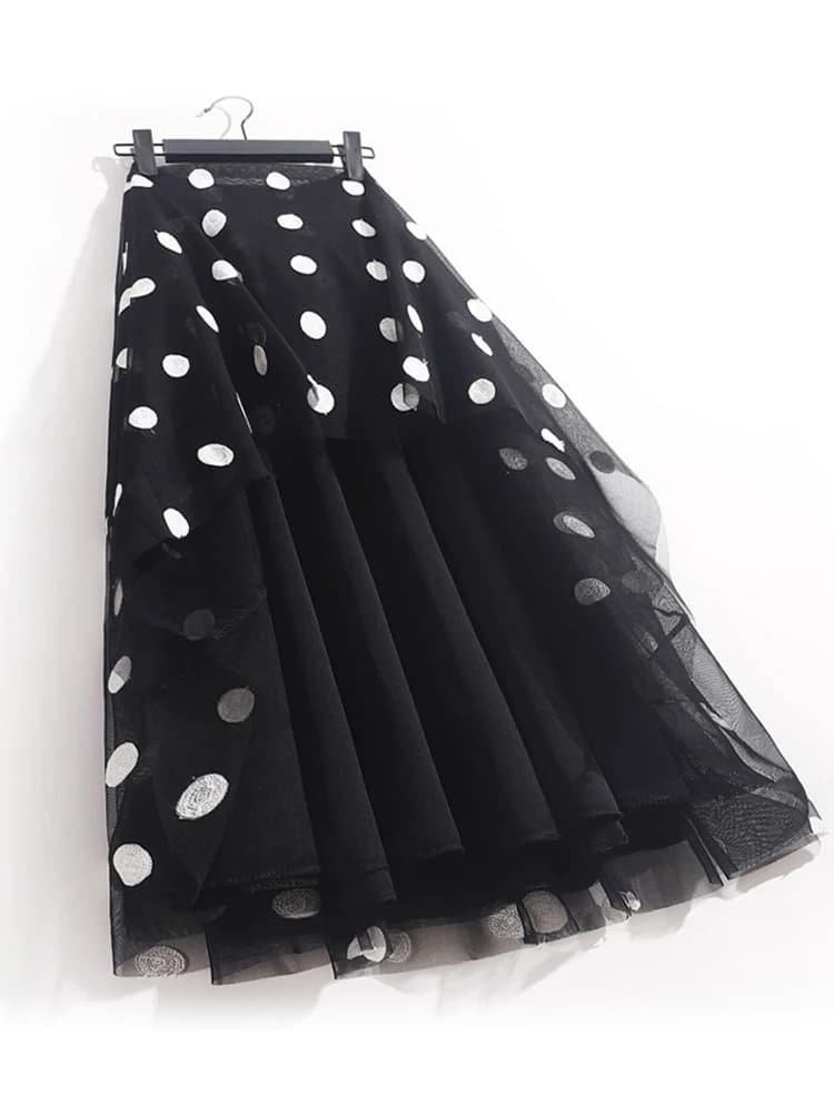 Jupes mi-longues élégantes brodées à pois pour femmes, jupe trapèze femme, taille haute, maille 3 co