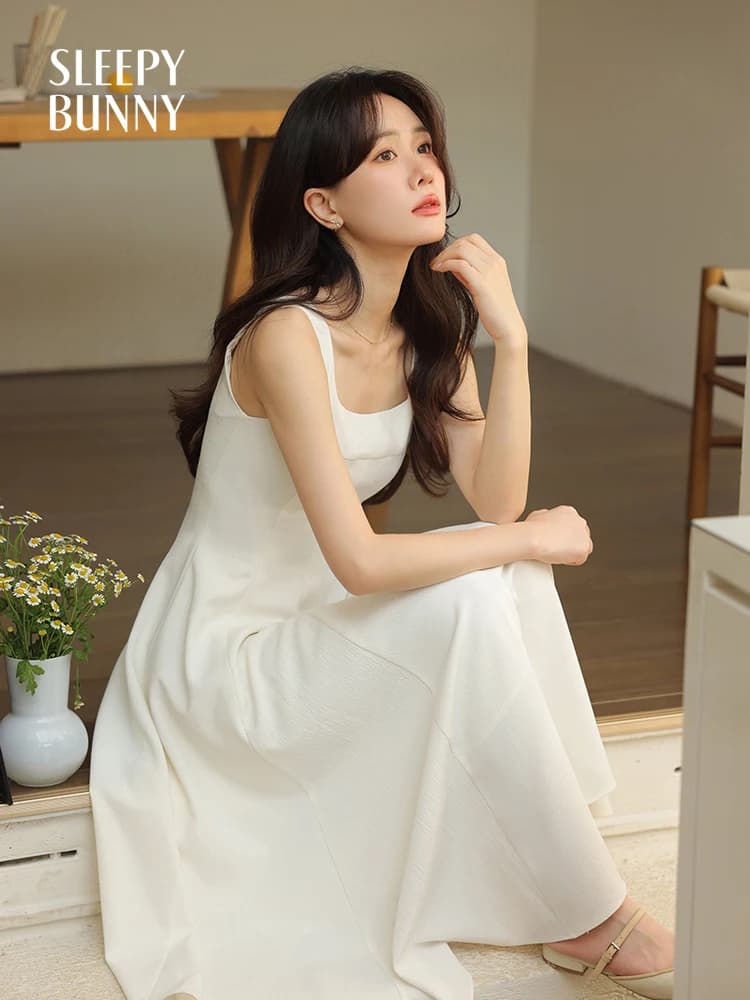 Robe Maxi sans manches pour femmes, Style français, col carré, taille haute, coupe cintrée, élégante