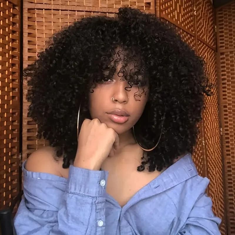 Perruques Afro crépues bouclées avec frange, 16 pouces, en Fiber synthétique douce et moelleuse, san