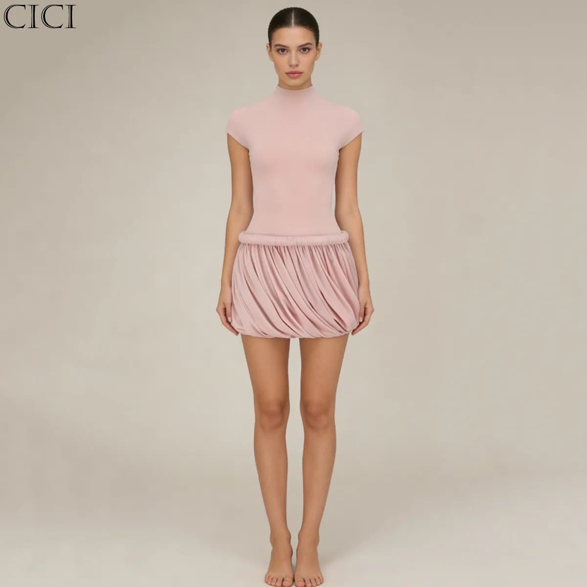 Nouvelle Robe Courte Femme CiCi 2026 Col Montant Manches Courtes Jupe Drapée Froncée Décontractée So