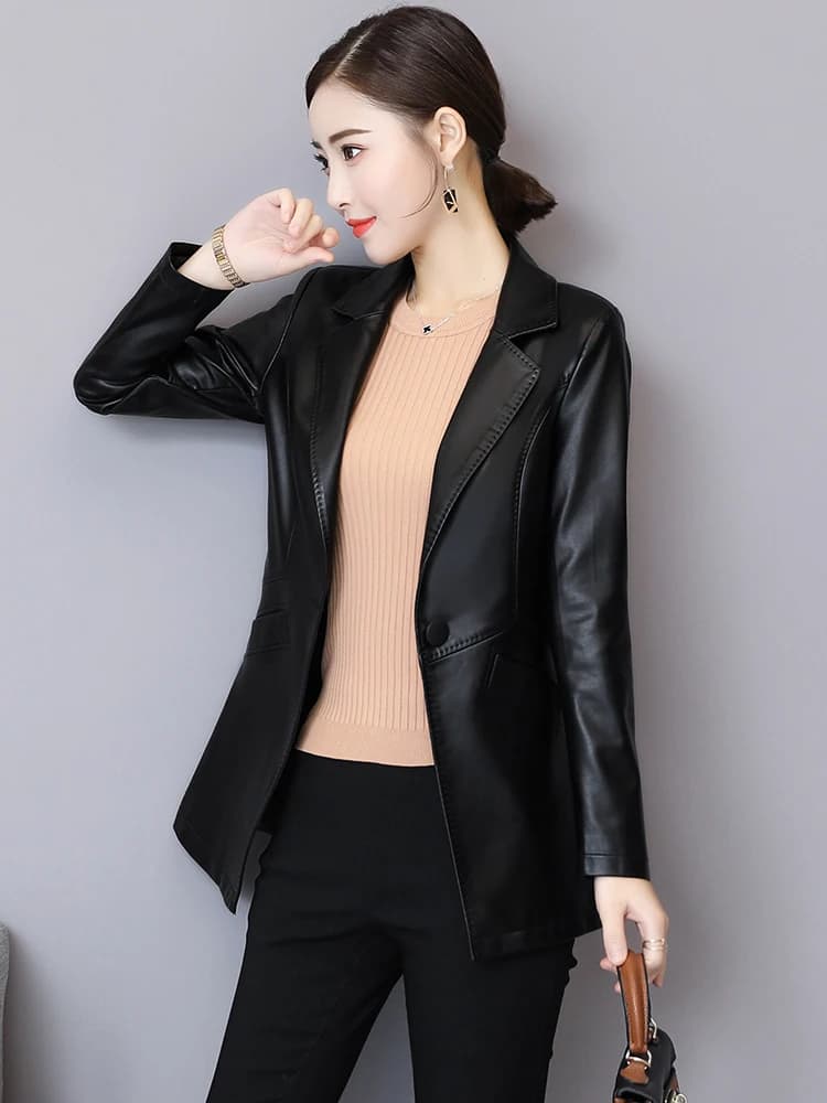 Nouveau Femmes Veste en cuir Automne Hiver Mode Classique Bouton unique Slim Blazer en cuir de mouto