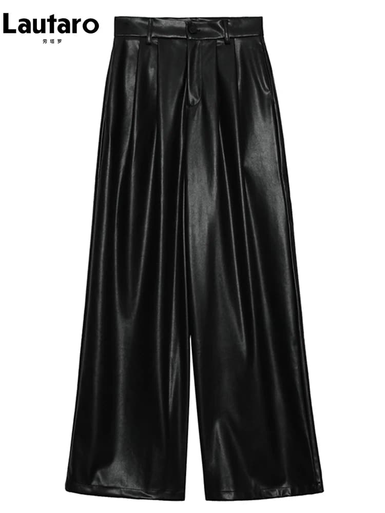 Lautaro-Pantalon à jambes larges en cuir PU pour femme, décontracté, fluide, doux, noir, marron, tai