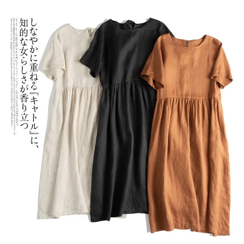 Robe d'été en coton et lin pour femme, vintage, manches courtes, décontractée, dos bandage, Harajuku