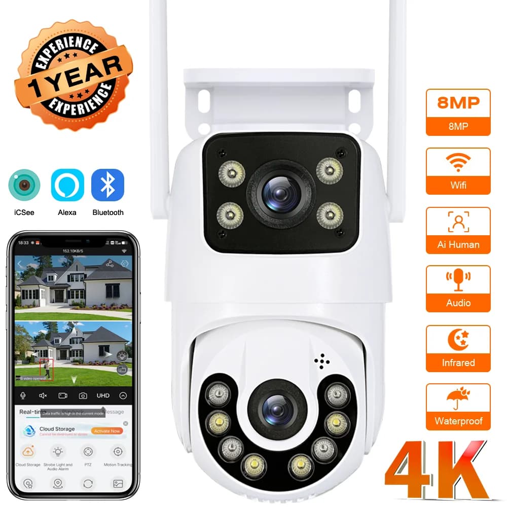Caméra IP de sécurité sans fil extérieure 4K 8MP HD double objectif externe Wifi PTZ caméra suivi au