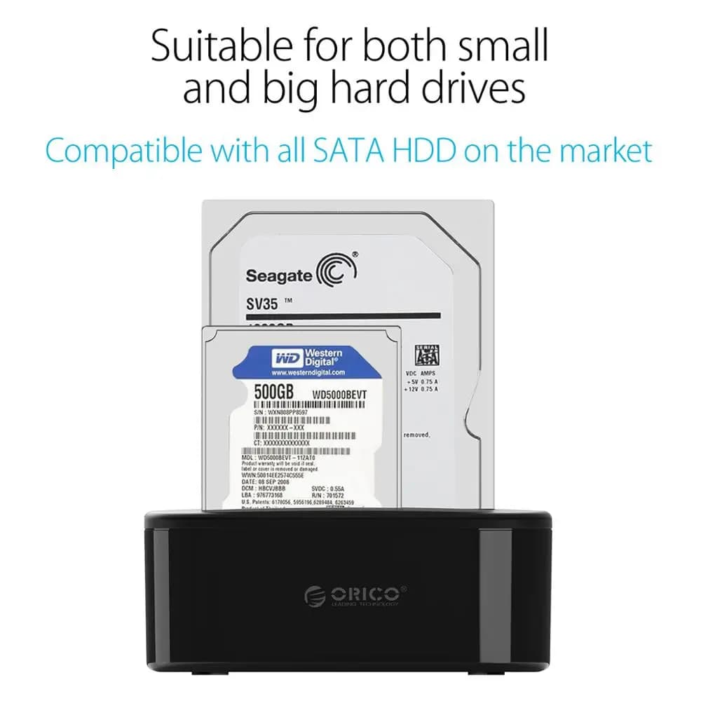 ORICO Station d'accueil pour disque dur double baie pour 2.5/3.5 pouces HDD SSD SATA vers USB 3.0 St