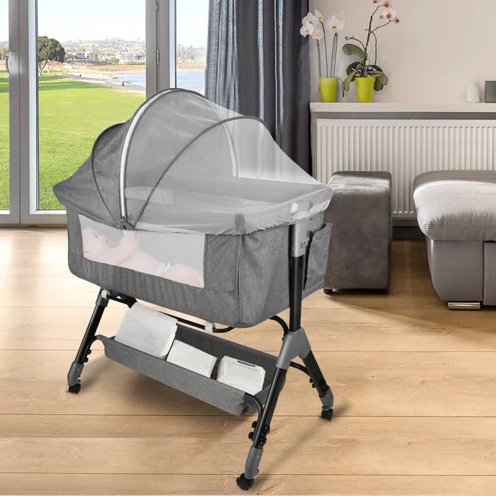 Lit Bébé jusqu'à 9 kg, Cododo Bébé, Réglage de la Hauteur 4 Hauteurs, Inclinaison, 4 Roulettes avec 
