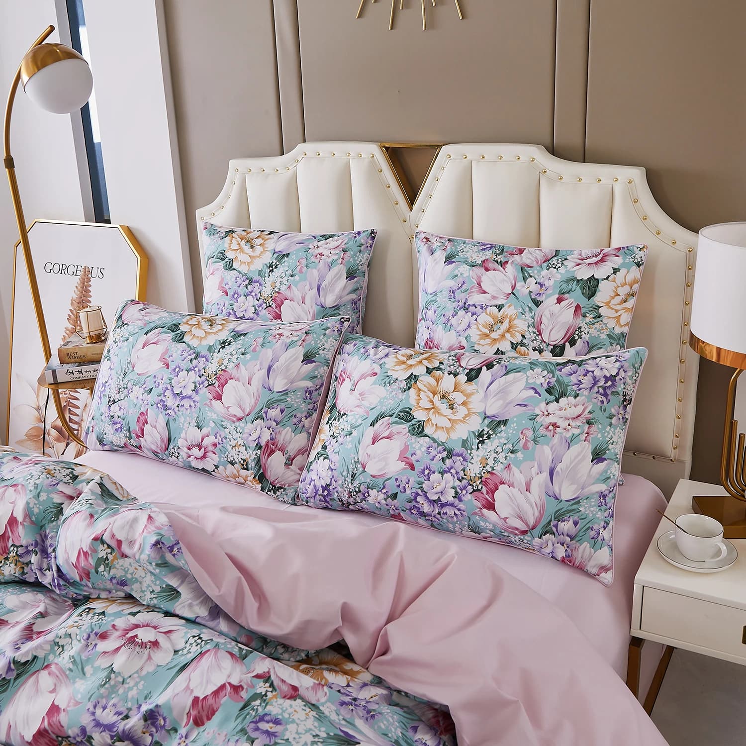 Ensemble de housse de couette 100% coton égyptien 600TC, 3 pièces, motif Floral de jardin rose paste