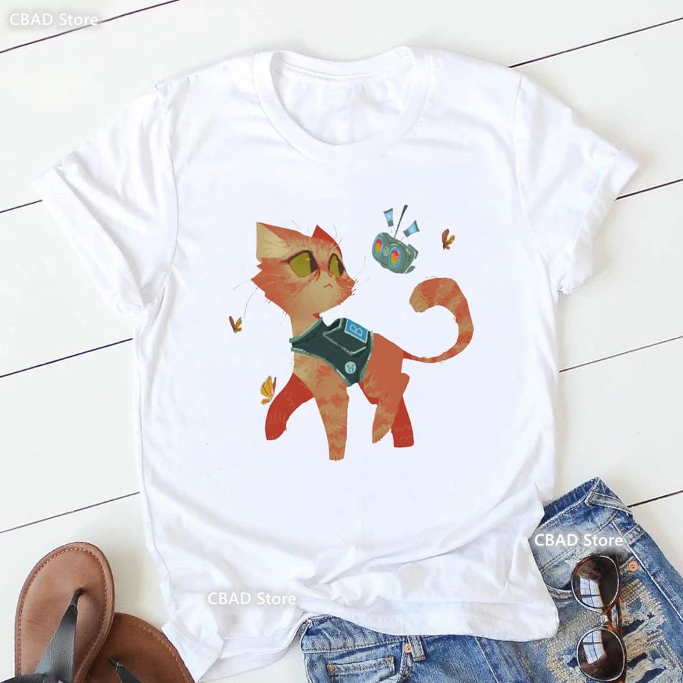 T-shirt imprimé graphique Stray Game pour femmes, vêtements pour femmes, t-shirt blanc drôle, chemis