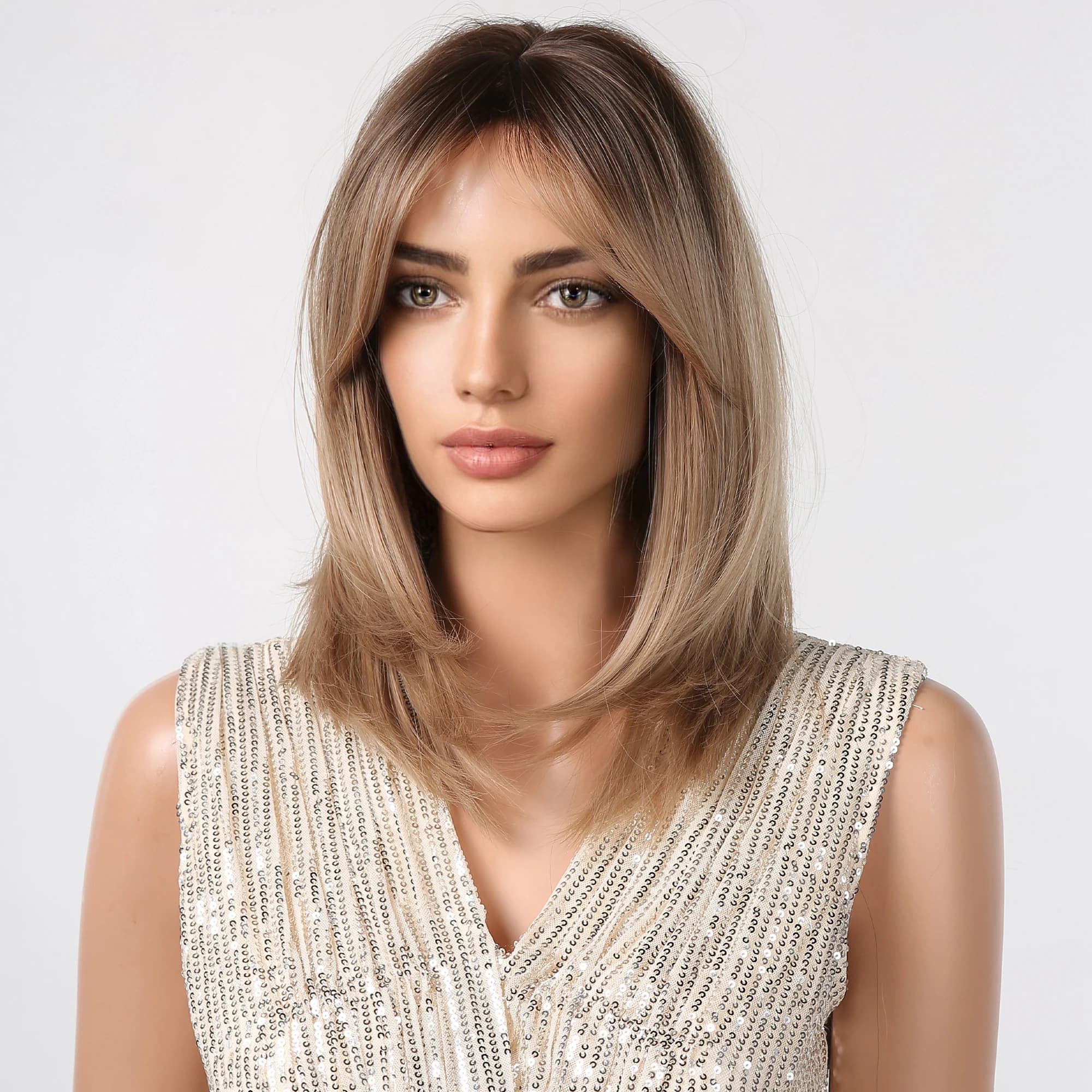 Perruque synthétique courte en couches, brun ombré, longueur moyenne, lisse, aspect naturel, avec fr