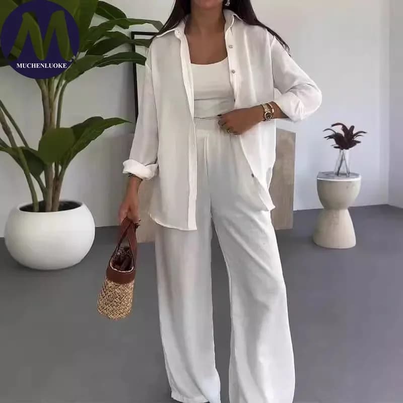 Ensemble 2 pièces d'été pour femme : Chemise à revers à manches longues et pantalon décontracté à ja