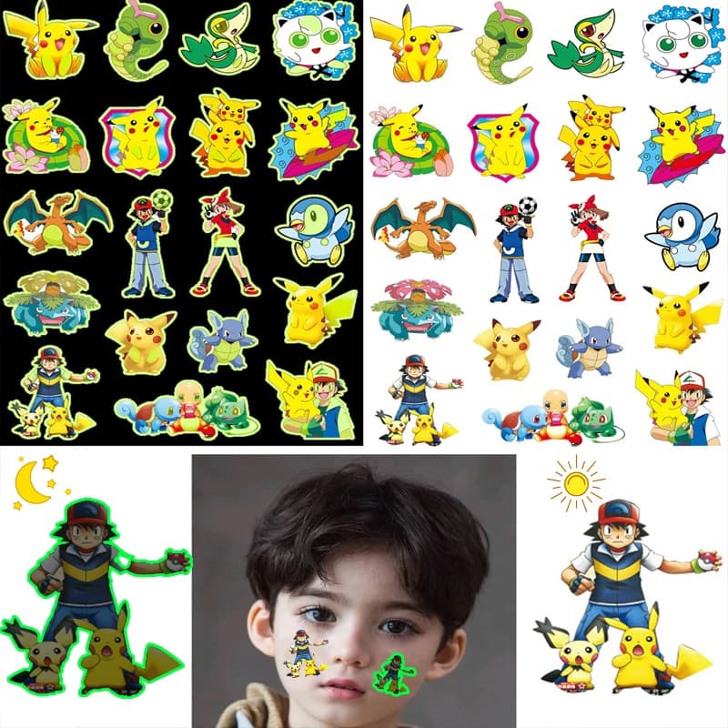 Tatouages lumineux Pokemon pour enfants, Styles Pikachu, autocollants temporaires pour garçons et fi