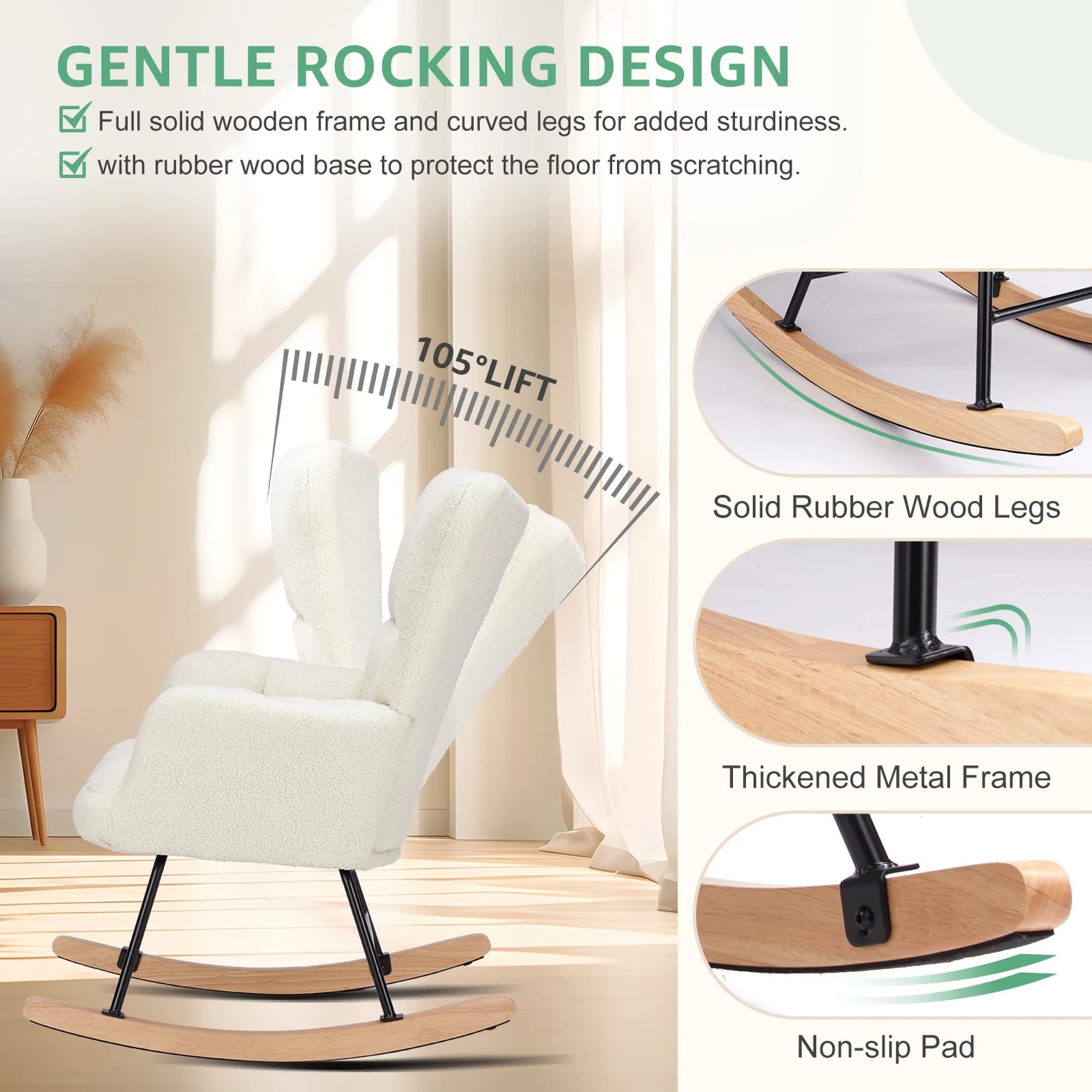 JIan Teddy-Fauteuil à bascule en tissu avec dossier haut, siège rembourré, fauteuil inclinable d'app