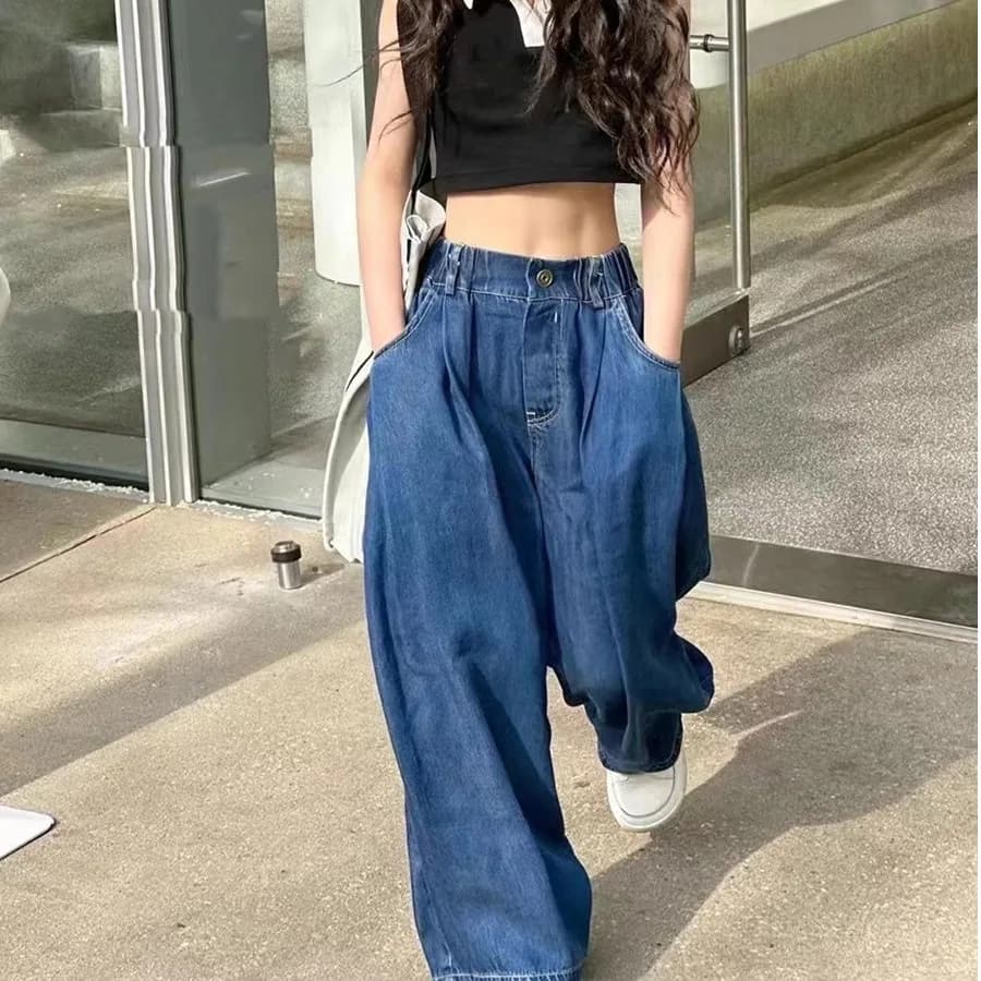 UNITIM Pantalon en jean pour filles, en coton, coupe droite, taille élastique, 2-14 ans, pantalon à 