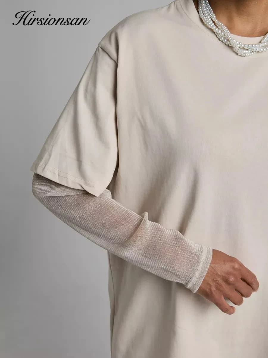 Hirsionsan coton t-shirt femmes 2024 été surdimensionné brillant soie Patchwork à manches longues t-