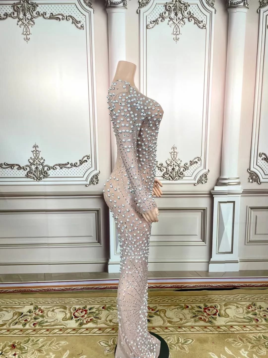 Robe longue rose Sexy pour femmes, strass scintillants, fête d'anniversaire, célébration de chanteur
