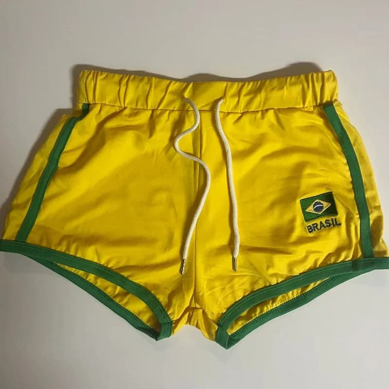 Y2k Streetwear Brésil Broderie Short Jaune Femme Élégant Taille Haute Jambe Large Été Loisirs Sexy C