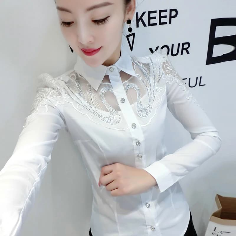 Automne nouveau à manches longues bureau dame hauts Patchwork femmes vêtements mode diamant dentelle