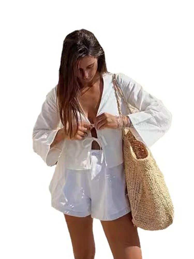 Chemises blanches élégantes à lacets pour femmes, chemisier à manches longues, col en V, monochromat