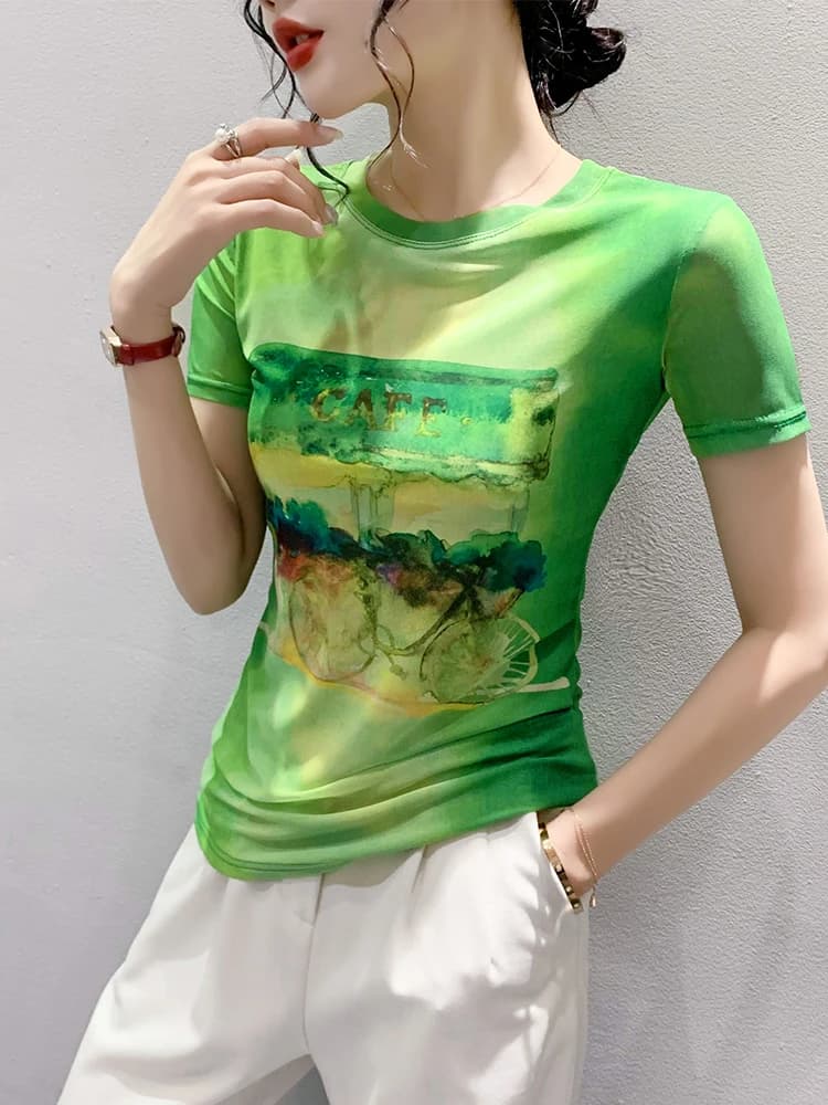 2023 été vert maille T-Shirts fille mode situé impression O cou à manches courtes t-shirt dame haute