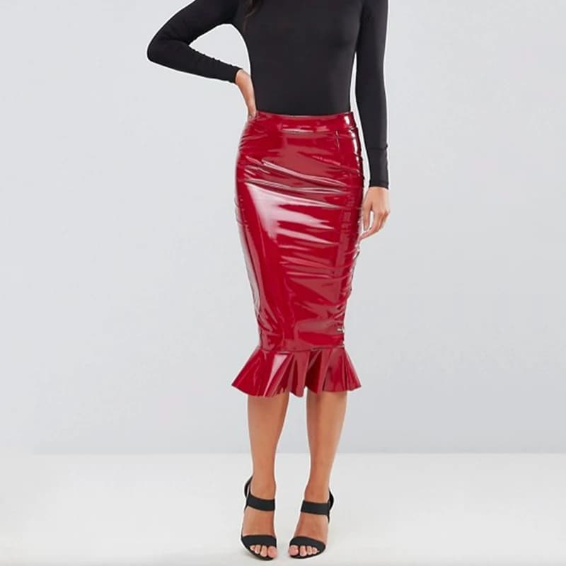 Jupe mi-longue à volants en faux latex pour femmes, jupes Hobble, cuir PU brillant, extensible, tamb