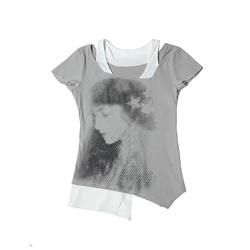 T-shirt à manches courtes patchwork vintage, faux deux pièces grunge, esthétique irrégulière, t-shir