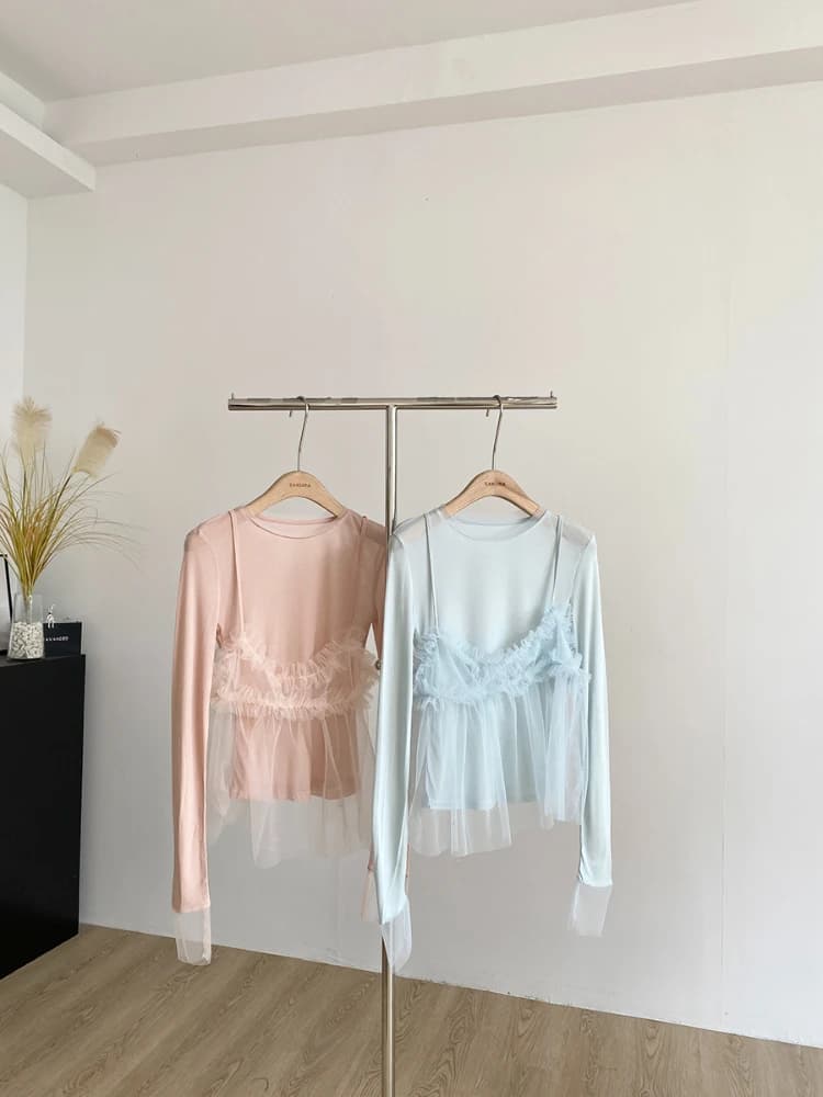 Coréen en mousseline de soie jarretelle à manches longues T-Shirt femmes rose maille épissé T-shirt 