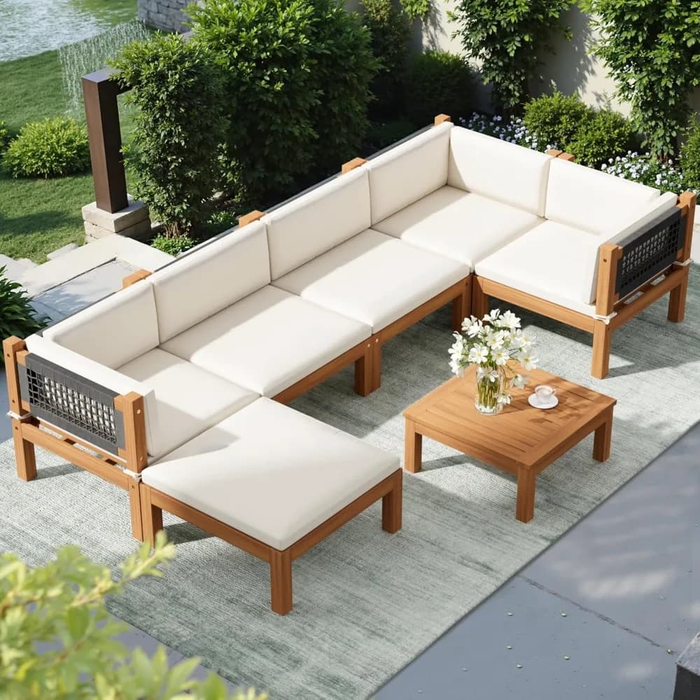 Canapé de Patio en bois d'acacia 7 pièces, siège d'entraîneur sectionnel extérieur et causeuse avec 