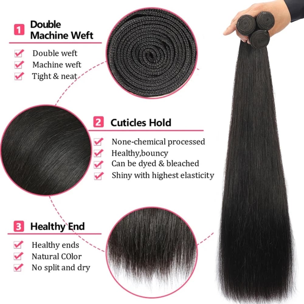 Cheveux Humains Lisses 3 Paquets avec Fermeture Frontale en Dentelle HD Transparente 13x4 4x4, Paque