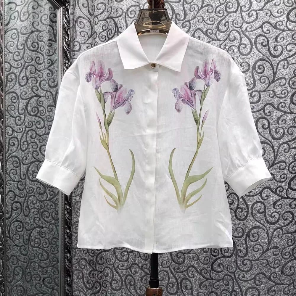 Chemisier 100% Lin pour Femme, Style Printemps-Été 2026, Col Rabattu, Imprimé Floral Violet, Manches