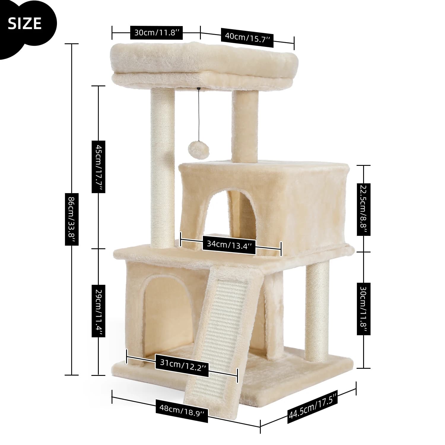 Tour d'arbre à chat en bois avec double condos, perchoir spacieux, poteaux en sisal à gratter entièr