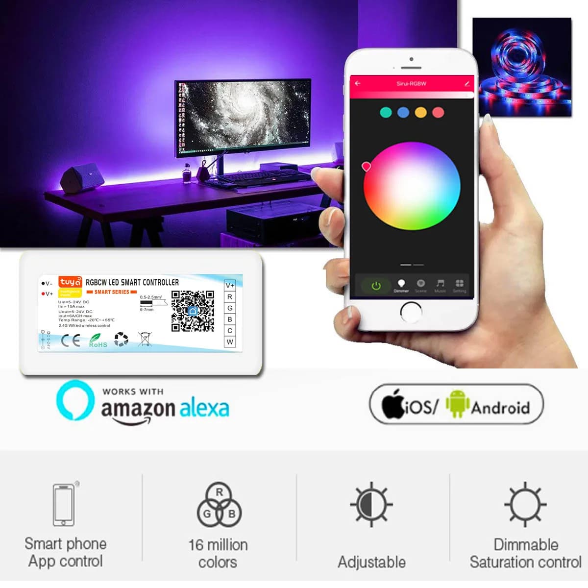 Tuya Wifi LED de contrôle gradateur intelligent DC5V-24V LED bande lumineuse CCT/RGB/RGBW pour Alexa