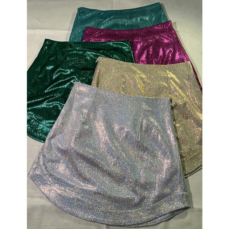 Jupes scintillantes taille haute pour femmes, mini jupe brillante, fermeture éclair latérale ronde, 