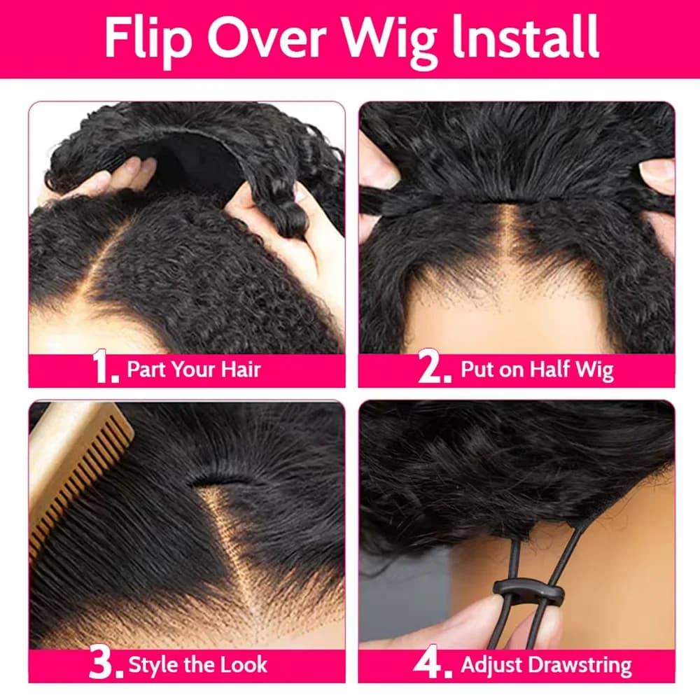 Demi-perruque 3 en 1, cheveux humains, Deep Wave, densité 220, prêt à porter, demi-perruque 3 en 1 a