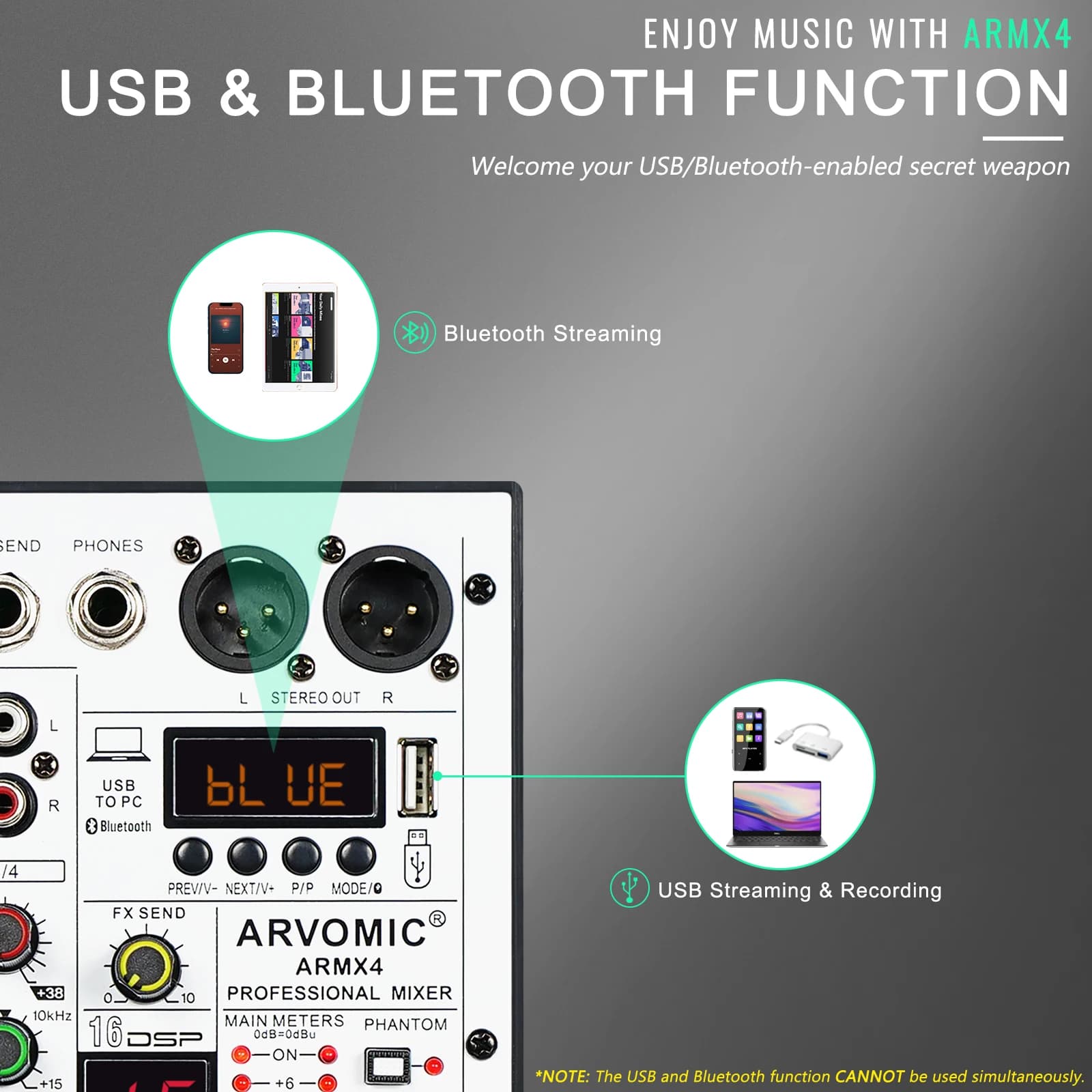 Mélangeur audio 4 canaux, table de mixage DJ avec interface audio USB, fonction Bluetooth, 16 effets