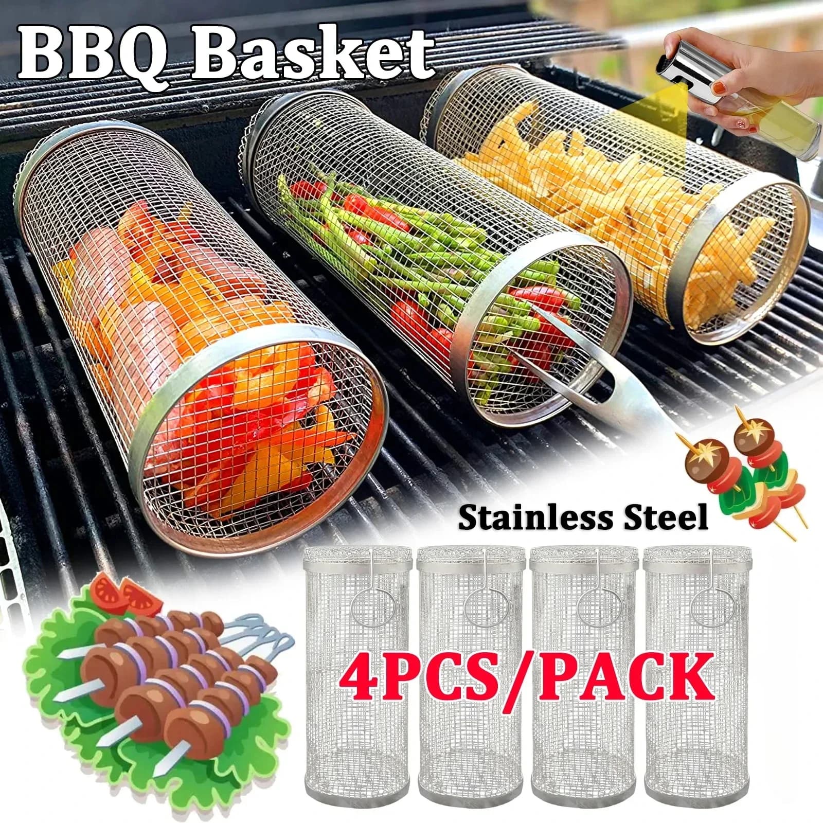 Panier de barbecue roulant-le plus grand panier à griller jamais, maille de gril ronde en acier inox