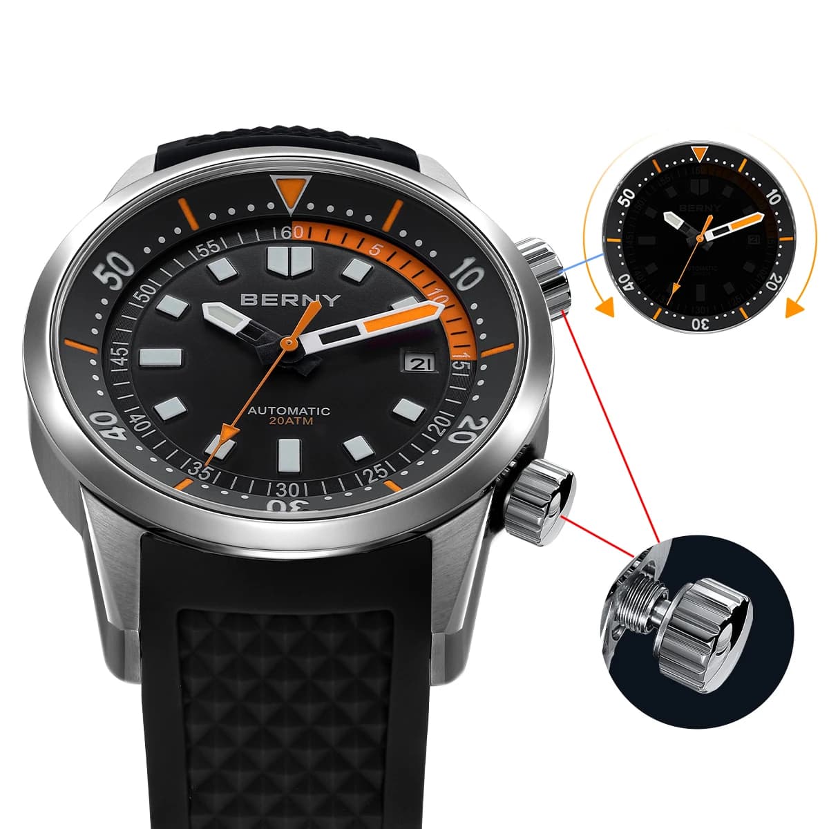 BERNY montres de plongée pour hommes 200M étanche Super lumineux automatique mécanique montre de plo