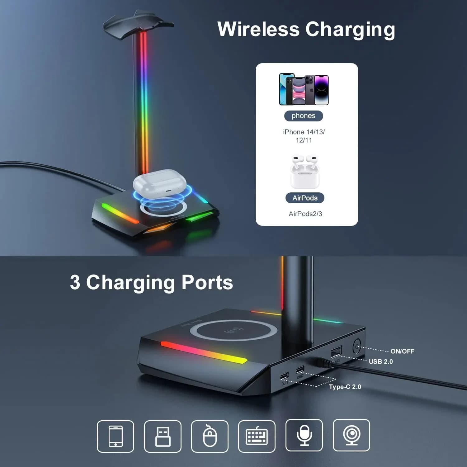 Nouveau Bee Z12 RGB support de casque avec Base de chargeur sans fil support de casque de jeu de bur