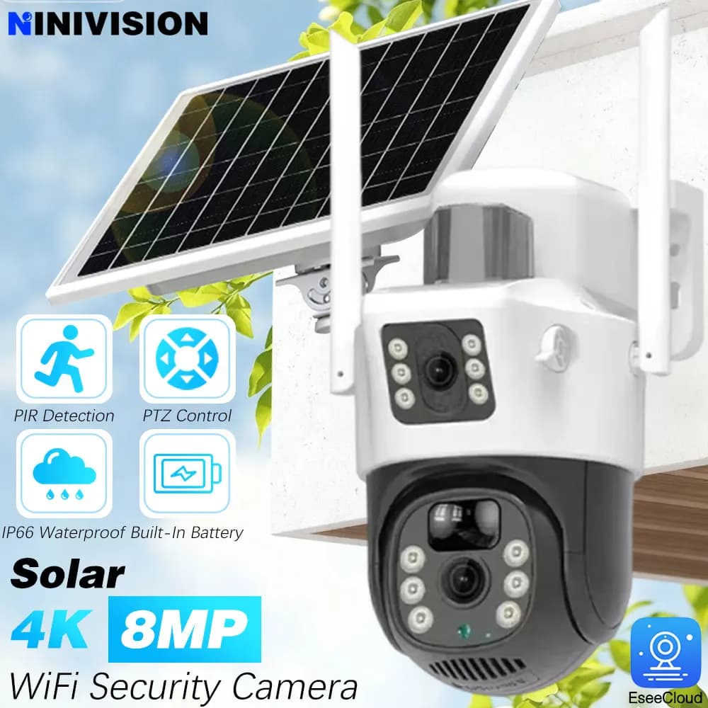 5G 2.4GHZ WIFI solaire PIR détection extérieure 8MP 4K double objectif double écran PTZ caméra sans 