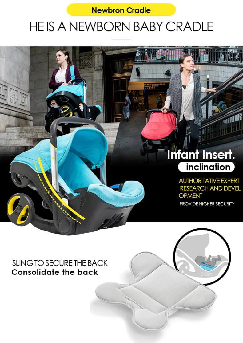 Poussette et siège auto 4-en-1 légère, pliage compact 60x45cm 360 °   Roues avant pivotantes, frein 