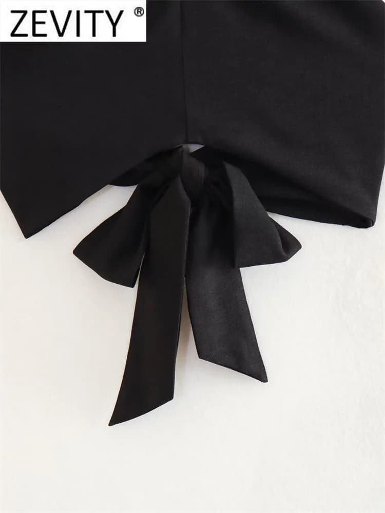 Zevity femmes Sexy sans manches dos nu nœud noué noir licou Blouse Femme sangle croisée chemise cour