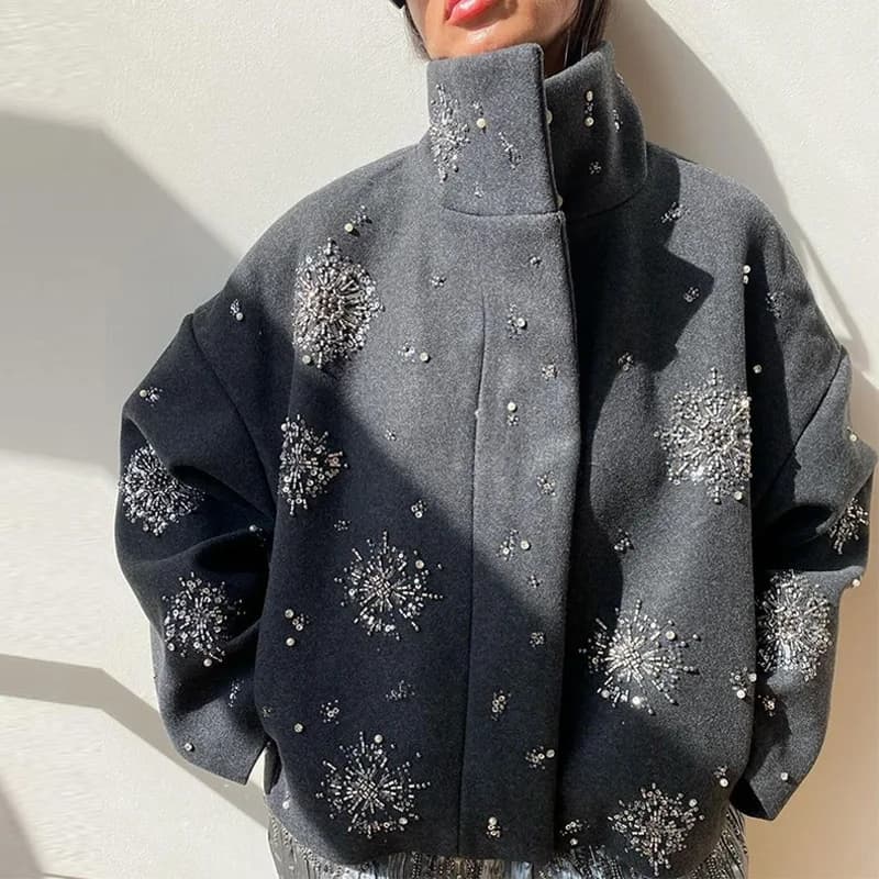 Manteau chic luxueux à perles pour femmes, vêtements d'extérieur en laine, vestes à manches longues,