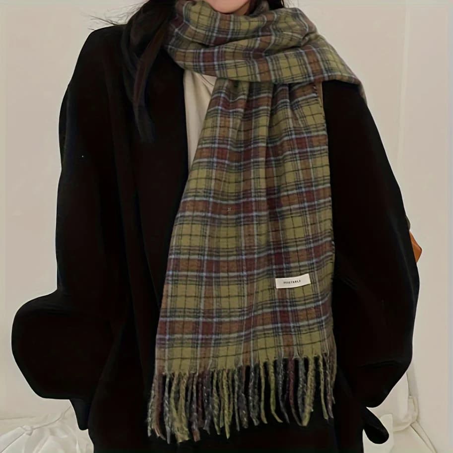 Vintage vert Plaid gland écharpe femmes Imitation cachemire épaissi chaleur automne hiver châle Wrap