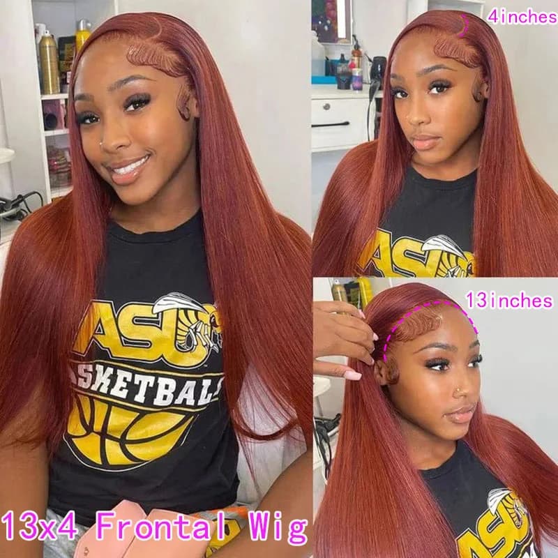 Perruque Lace Frontal Wig brésilienne naturelle lisse, cheveux lisses, brun rougeâtre, 32 pouces, 13
